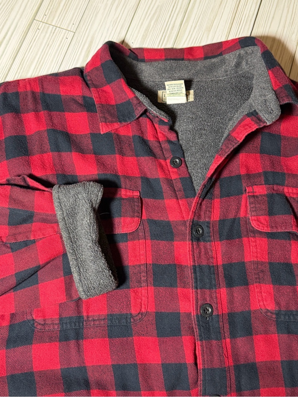 LL Bean Chamois Cloth Shirt XL Tall Red Black Plaid Fleece Lined Heavy Flannel